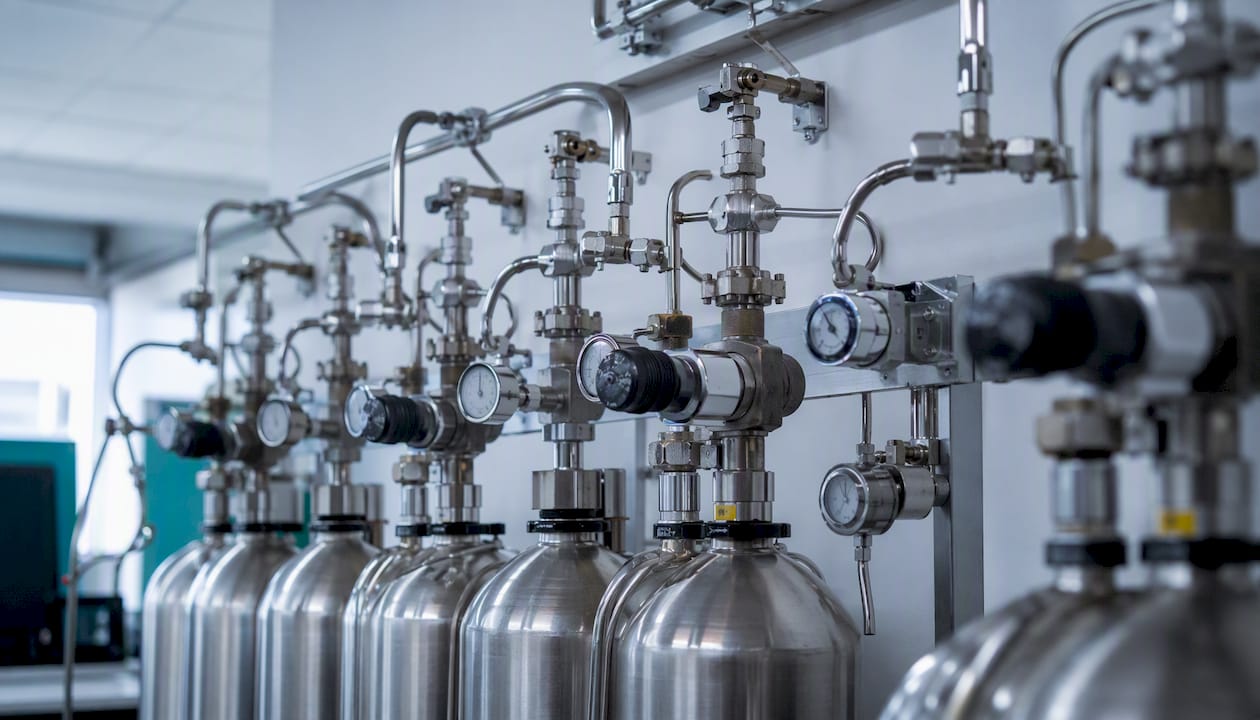 Helium gas recovery system piping and cylinders in lab