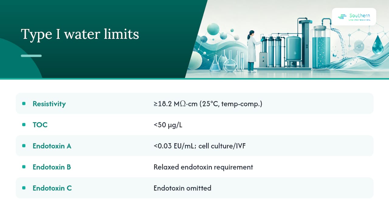 ASTM Type I water quality numeric limits diagram