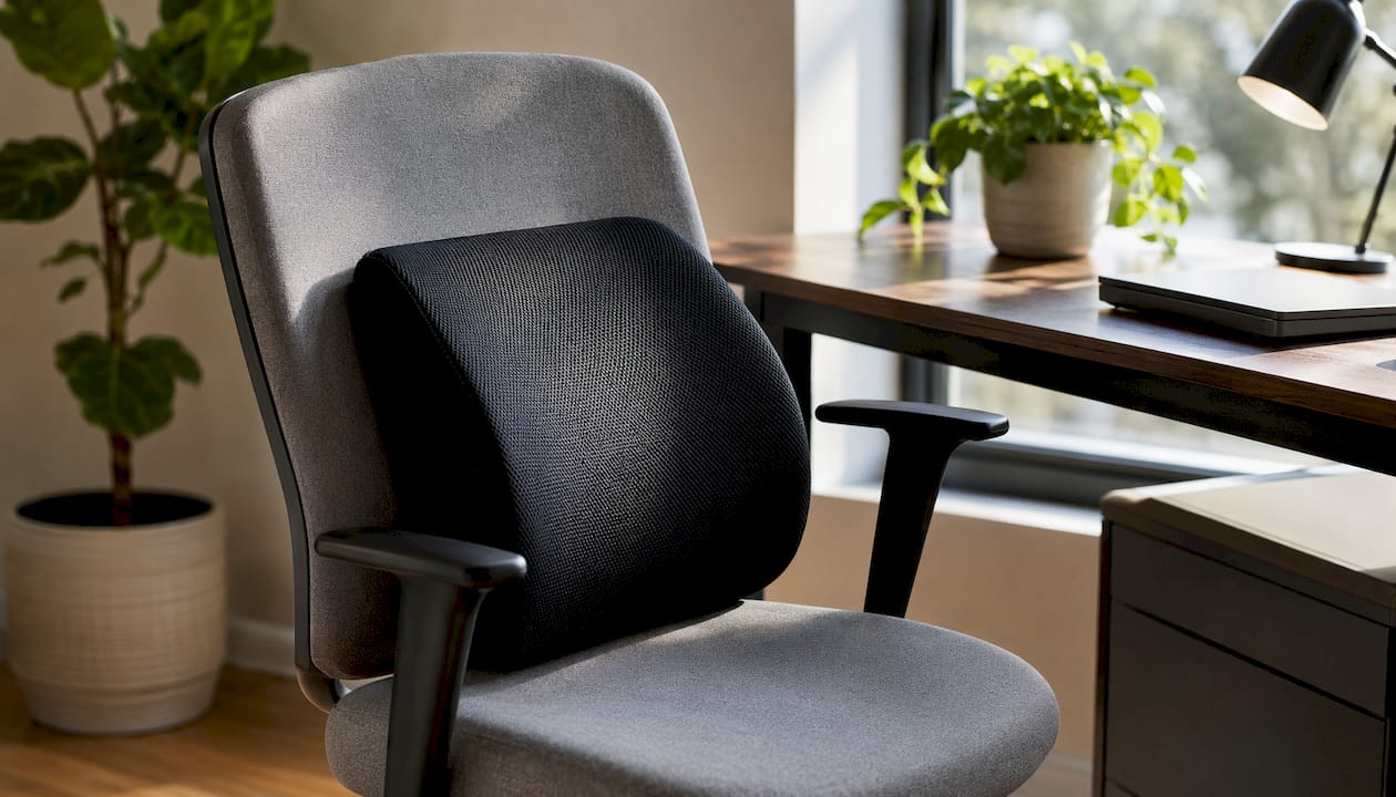 Close-up of memory foam lumbar support cushion on seat