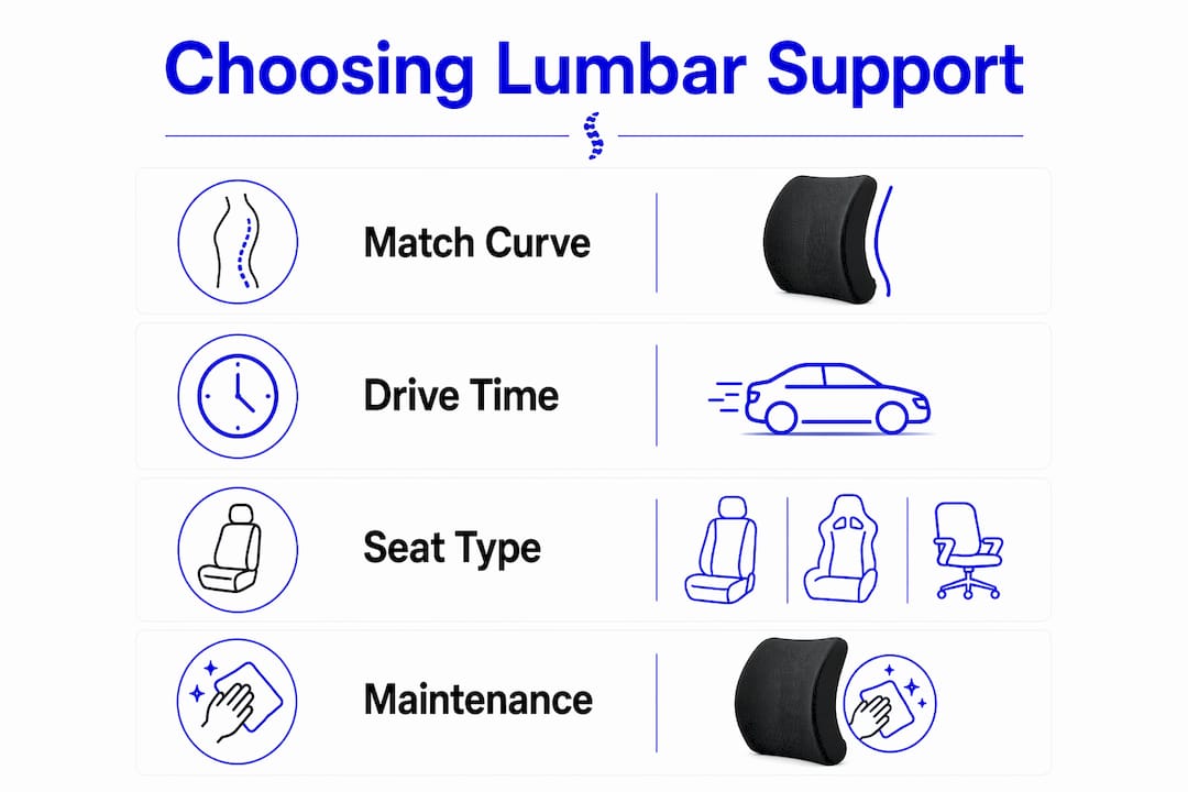 Infographic showing steps to choose lumbar support