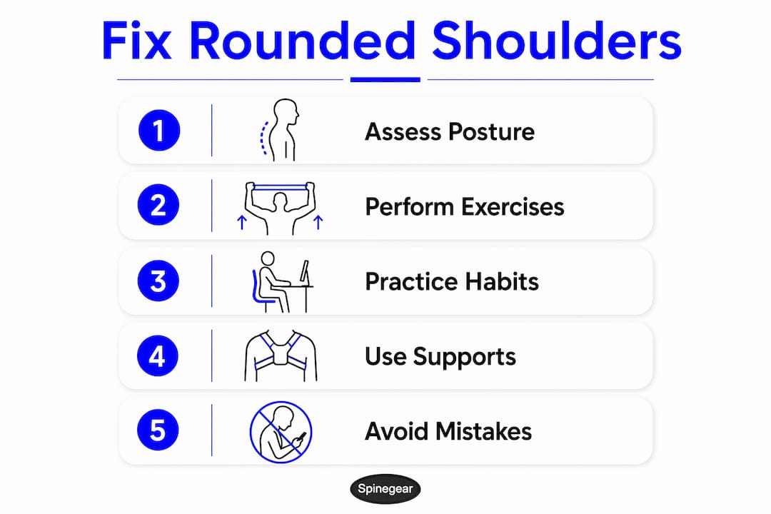 Infographic with steps to fix rounded shoulders