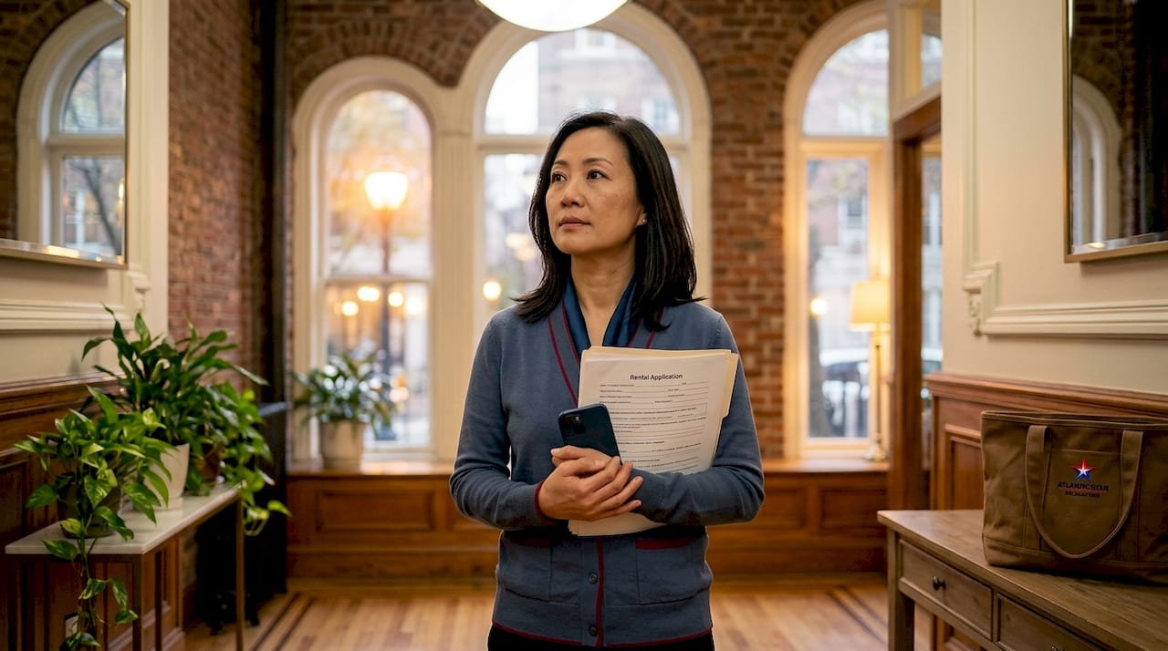 Woman reviewing apartment rental application in hallway