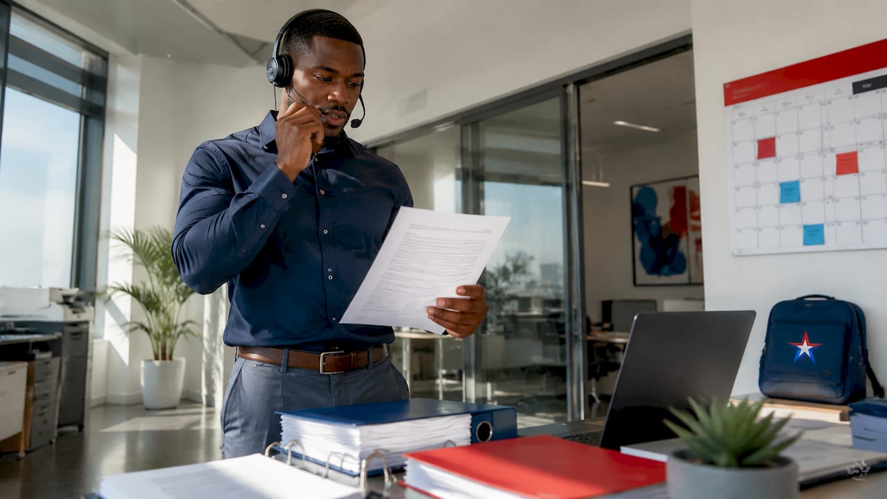 Logistics manager coordinating warehouse moves via headset