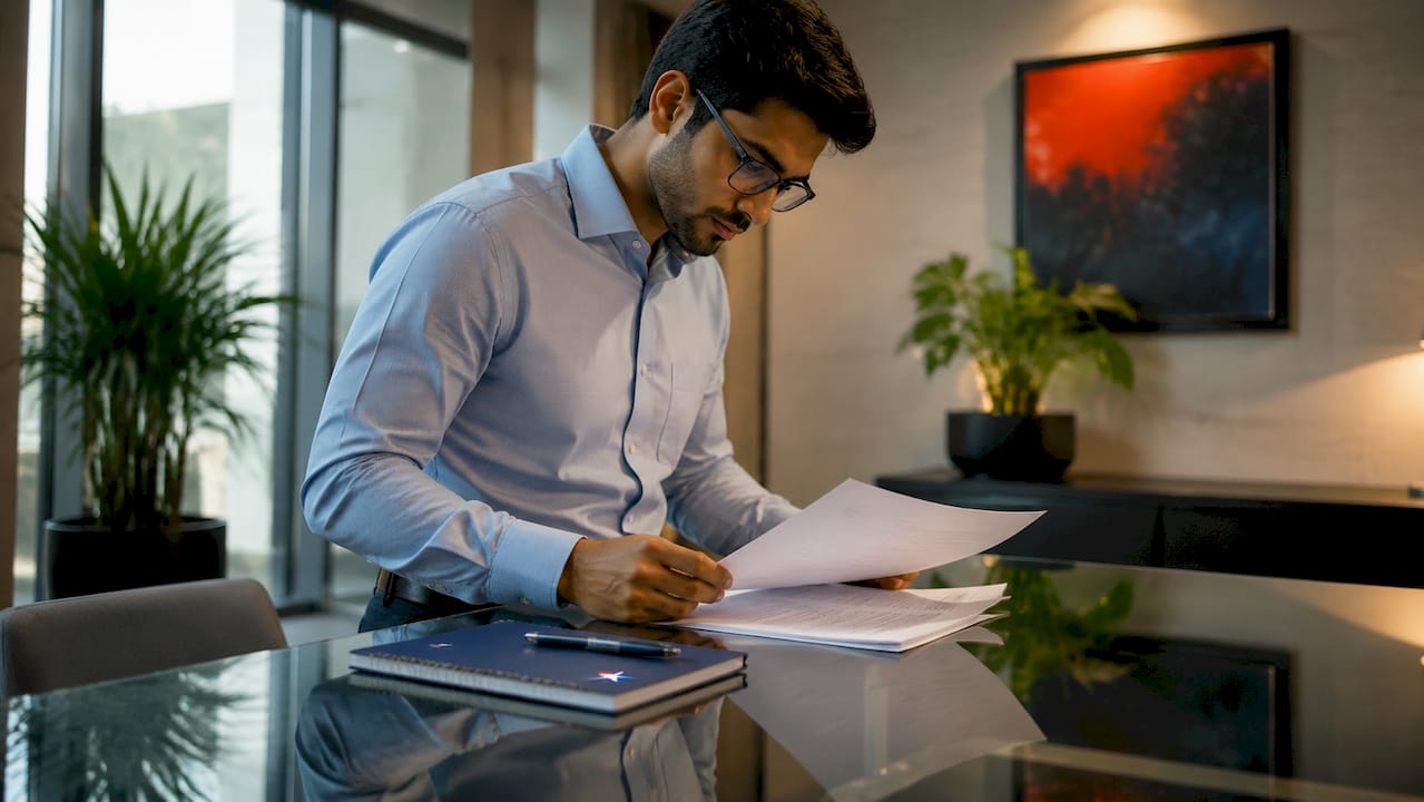 Move coordinator reviewing vendor documents in office