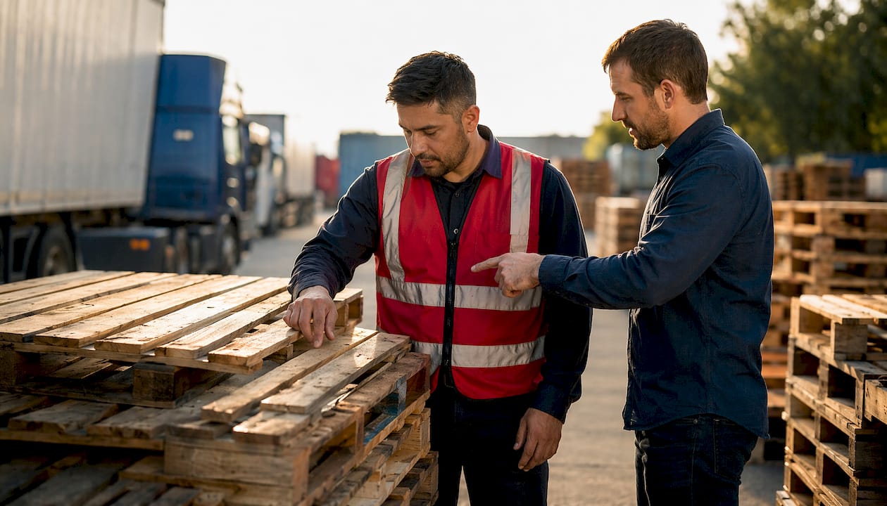 Hands inspecting wooden pallets for quality