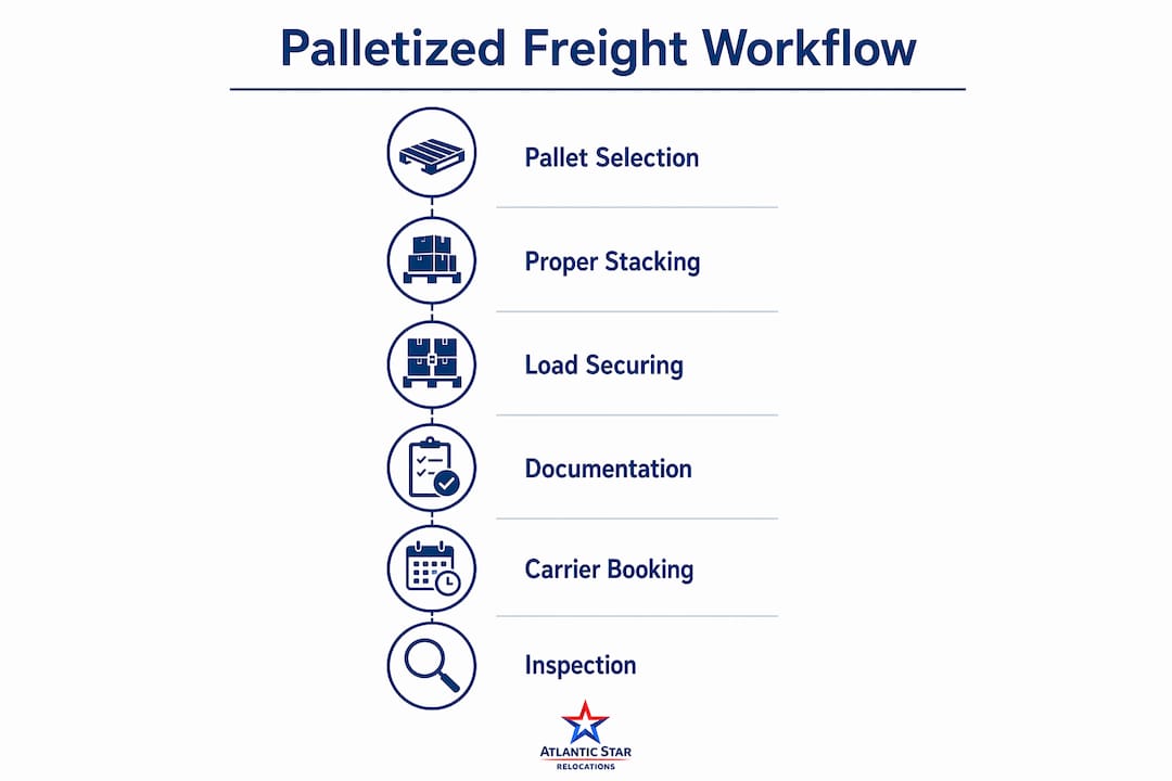 Infographic showing six steps in palletized freight workflow