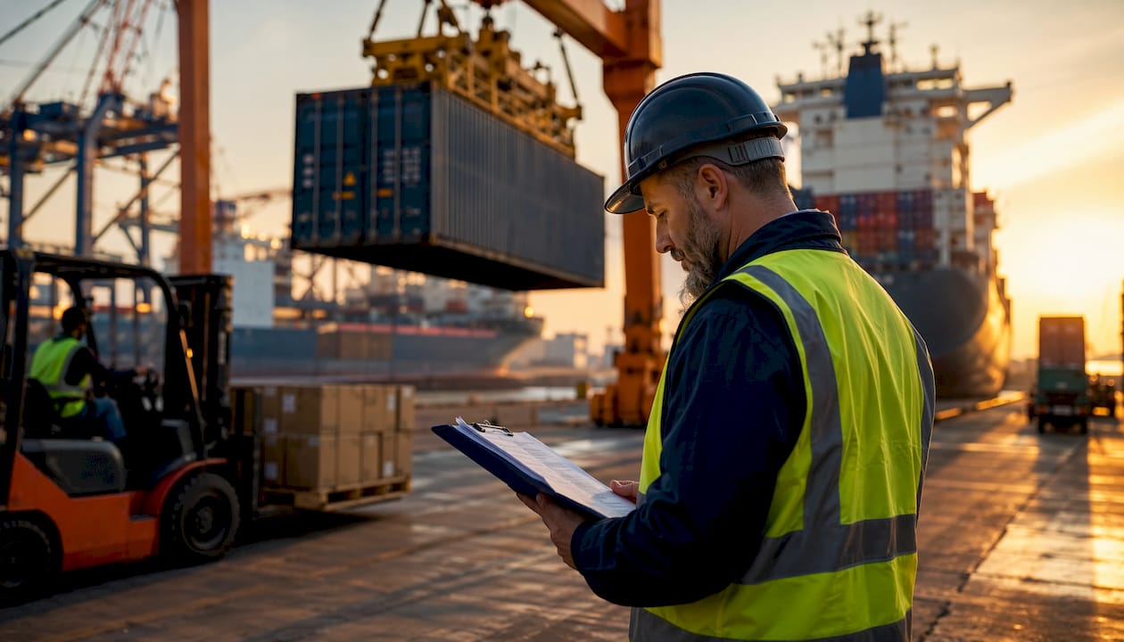 Customs inspector overseeing container loading at port