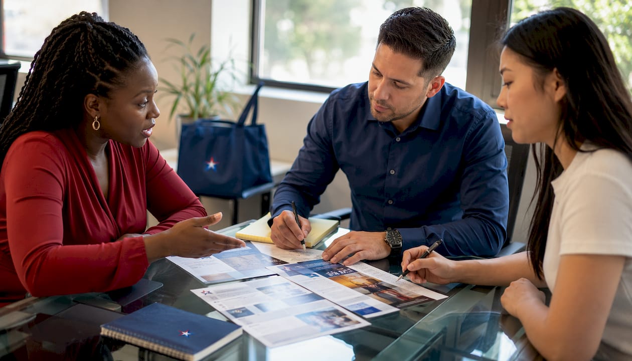 Hands comparing moving service brochures in meeting