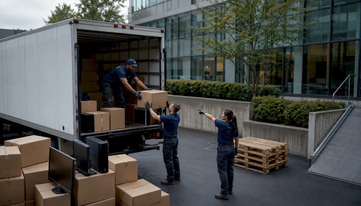 Professional movers loading office equipment into truck.