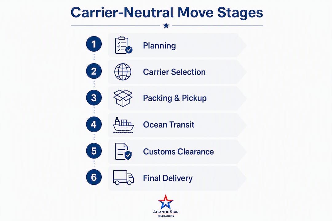 Infographic illustrating stages of carrier-neutral international moves