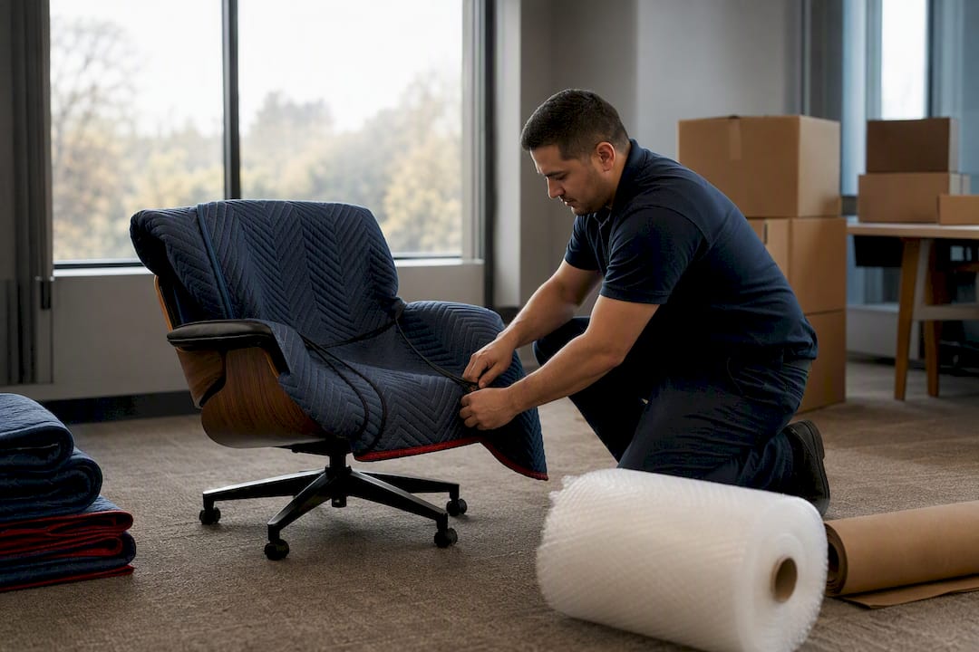 Hands wrapping office chair for move