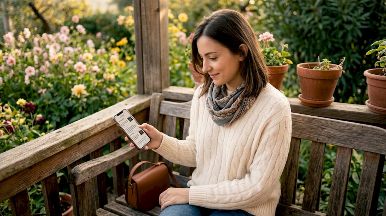 Una donna seduta su una panchina al parco dà un’occhiata alle ultime notizie sul suo smartphone.