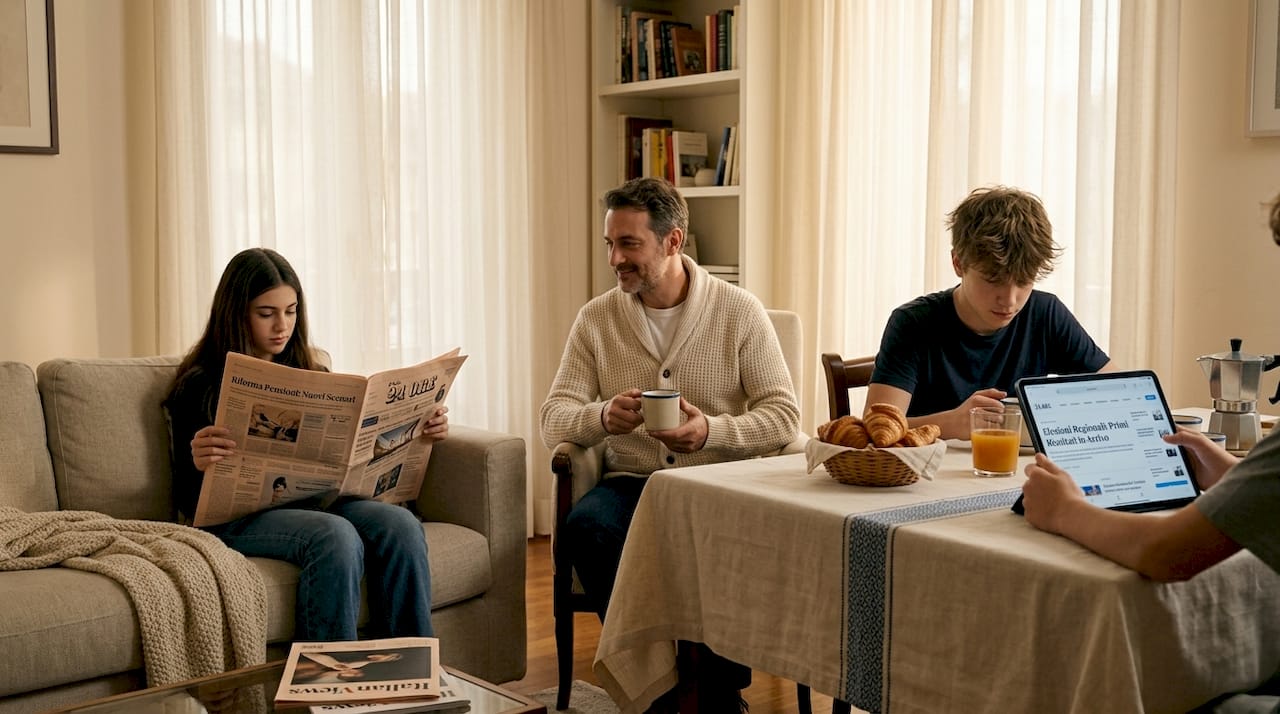 Una famiglia riunita in cucina che si tiene aggiornata leggendo le ultime notizie insieme.