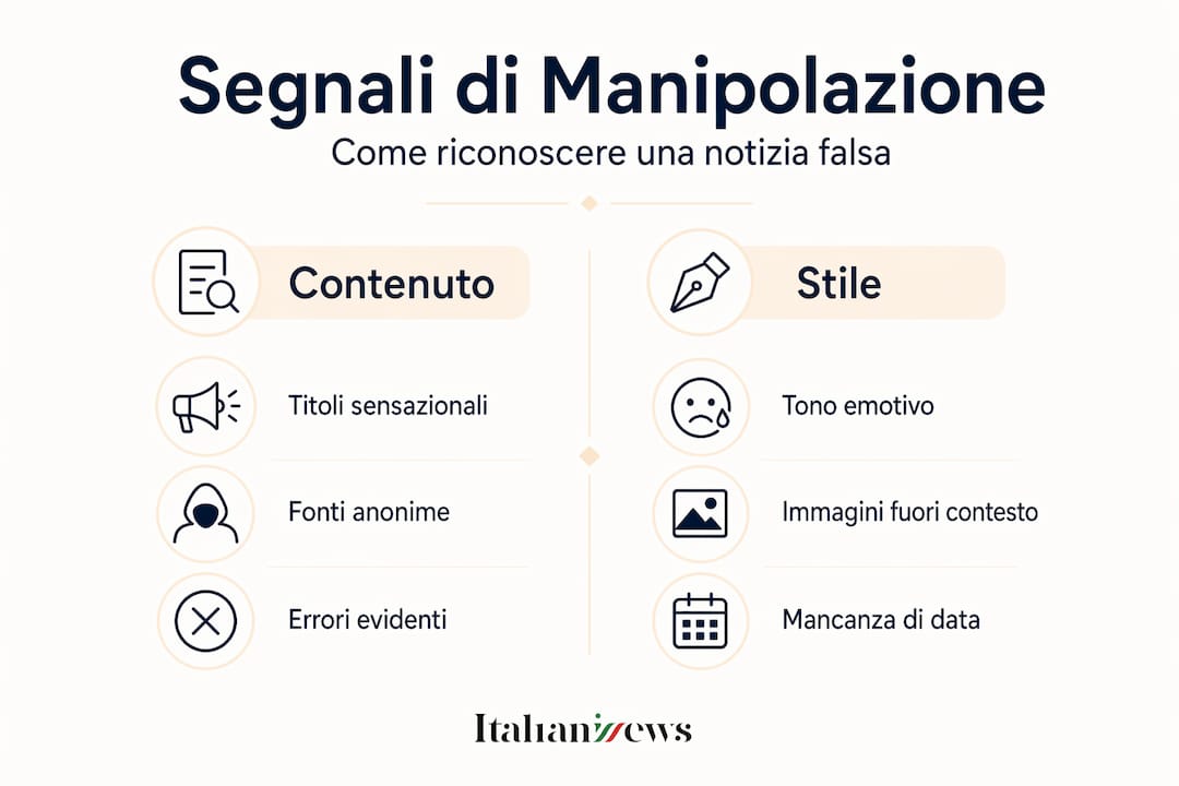 Infografica che mette a confronto i principali segnali di manipolazione presenti nelle notizie