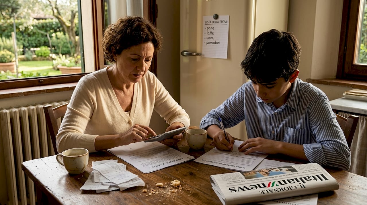 Una famiglia italiana seduta attorno al tavolo della cucina mentre fa i conti e controlla le spese di casa.