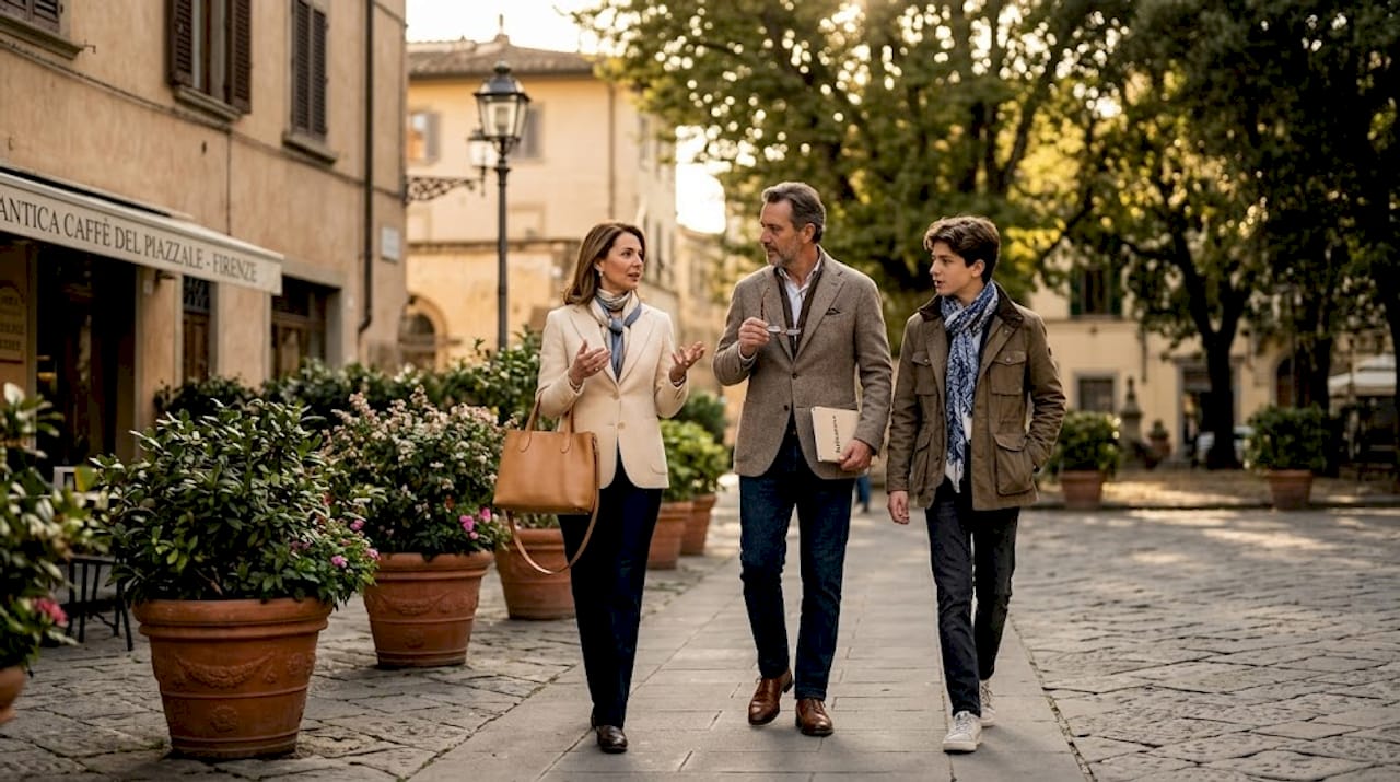 Un gruppo di persone sfila indossando eleganti abiti italiani tra le strade di Firenze.