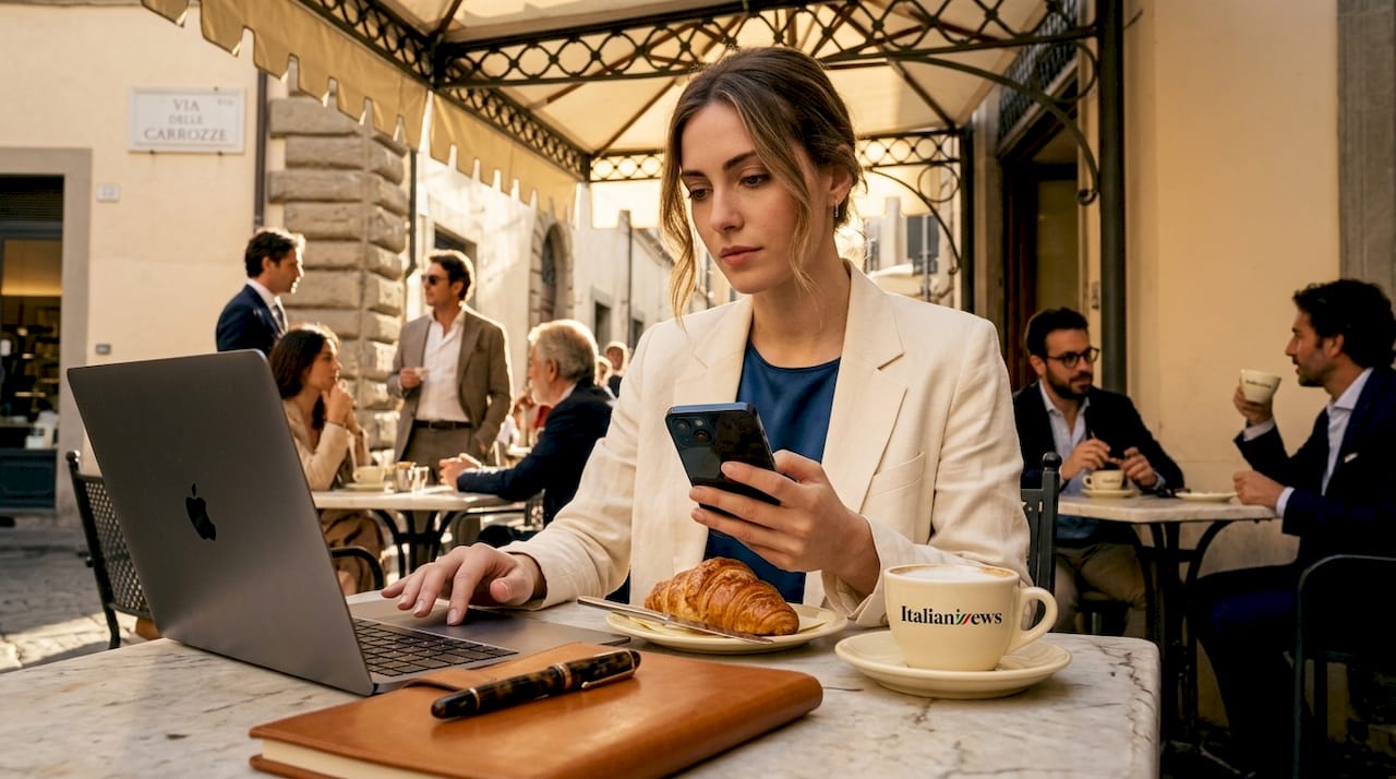 Una donna seduta al bar personalizza il suo feed di notizie sull’app dallo smartphone.