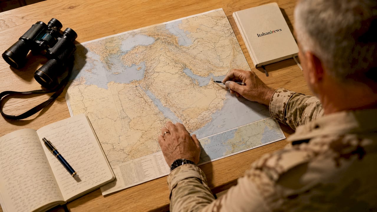 Durante il briefing, tutti concentrati sulla mappa militare, con le mani che indicano le strategie.