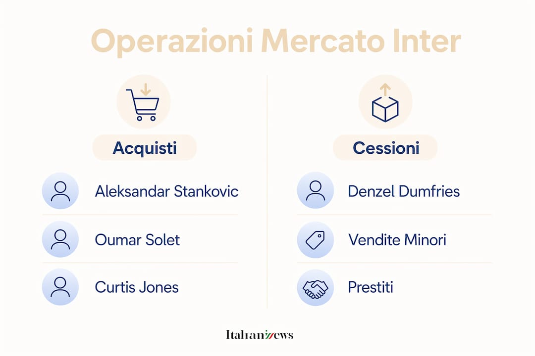 Grafica con tutte le operazioni di mercato dell’Inter 2026: acquisti e cessioni