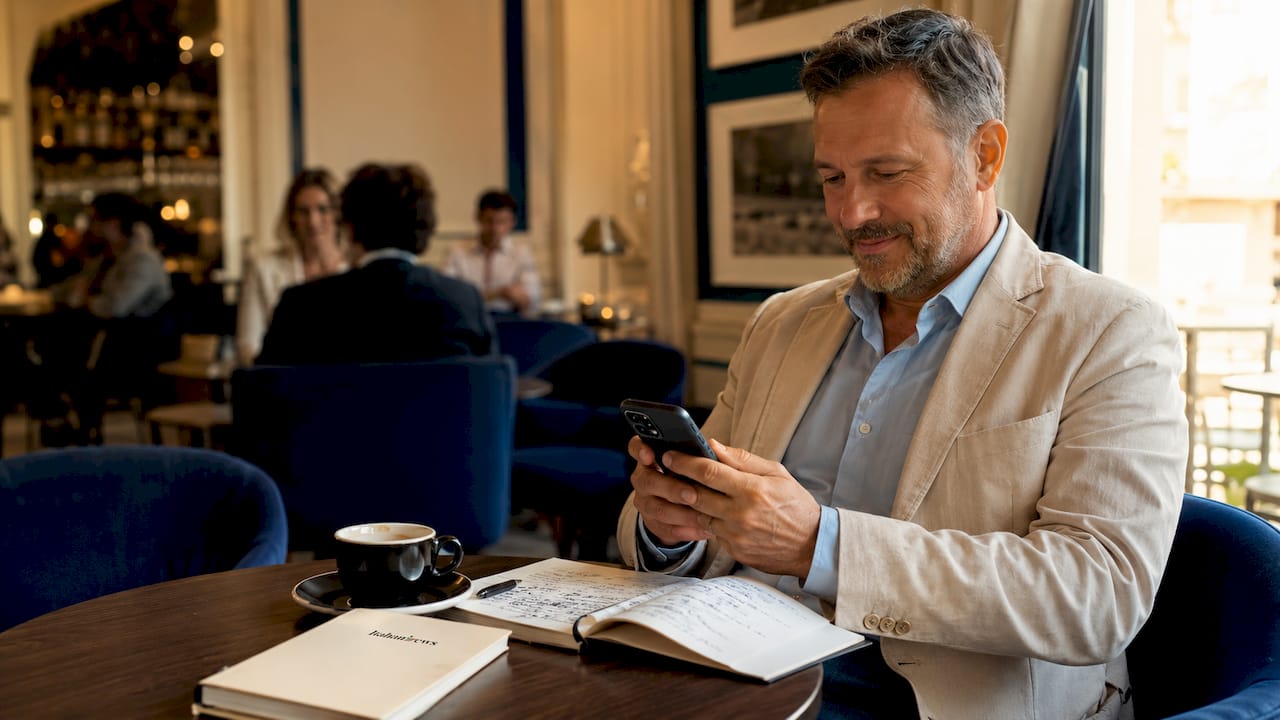 A Milano, un uomo controlla le notifiche delle notizie sullo smartphone mentre si rilassa al bar.