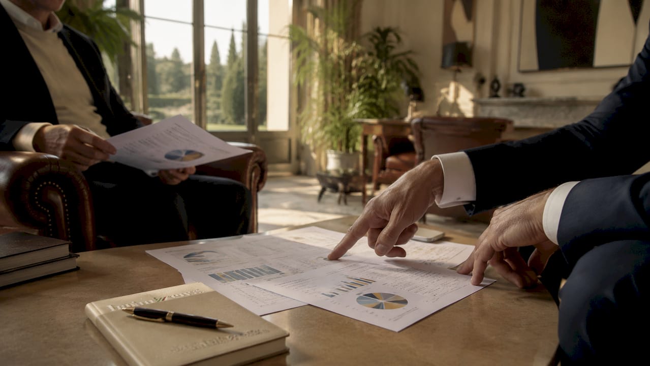 Mani che discutono di investimenti e analizzano dati finanziari
