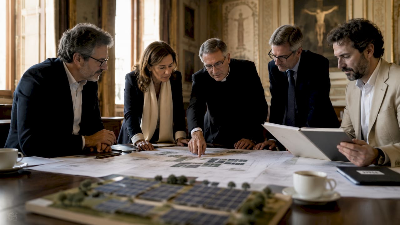 Il team analizza i progetti per l’impianto agrivoltaico.