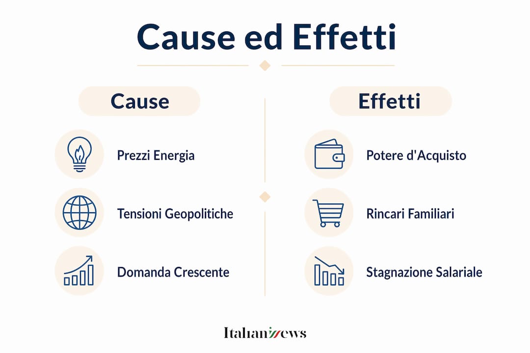 Inflazione Italia oggi: cause, effetti e previsioni 2026 2 Infografica che mette a confronto le principali cause dell’inflazione e le conseguenze che ne derivano