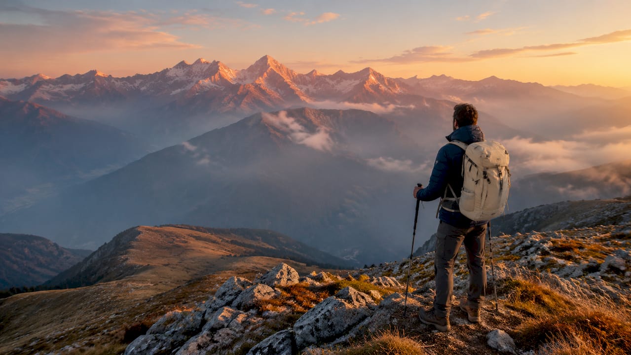 Meteo Italia weekend: guida pratica per il 2026 1 Un escursionista che si gode la magia delle montagne italiane illuminate dalle prime luci dell’alba.