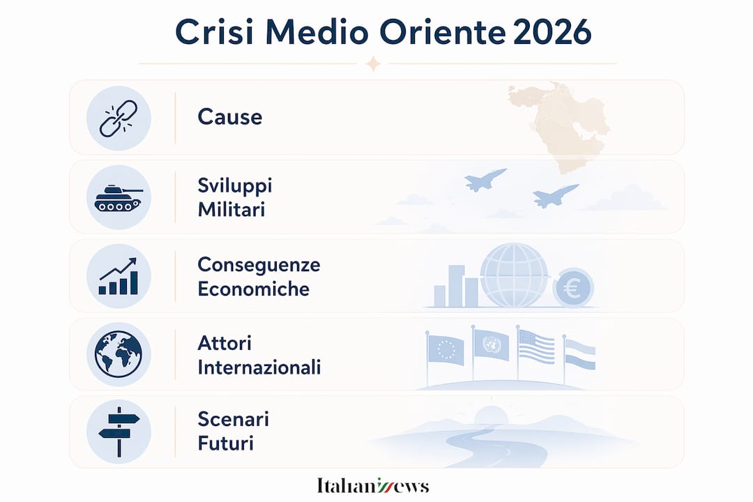 Crisi Medio Oriente 2026: cause, scenari e impatti 2 Panoramica illustrata sulla crisi in Medio Oriente nel 2026