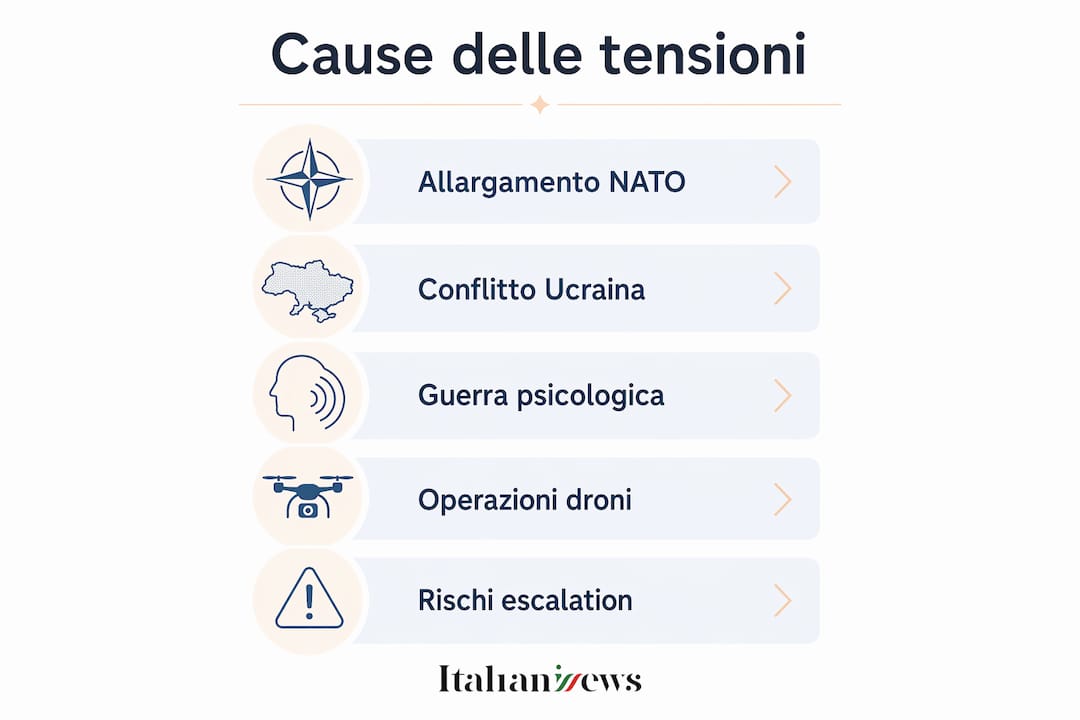 Grafico informativo che analizza le principali cause e i possibili rischi legati alle tensioni tra Russia e NATO.