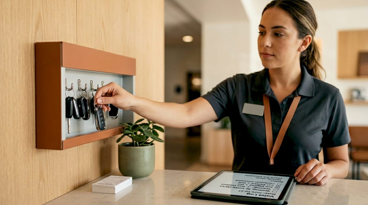 Valet attendant retrieving keys from secure box
