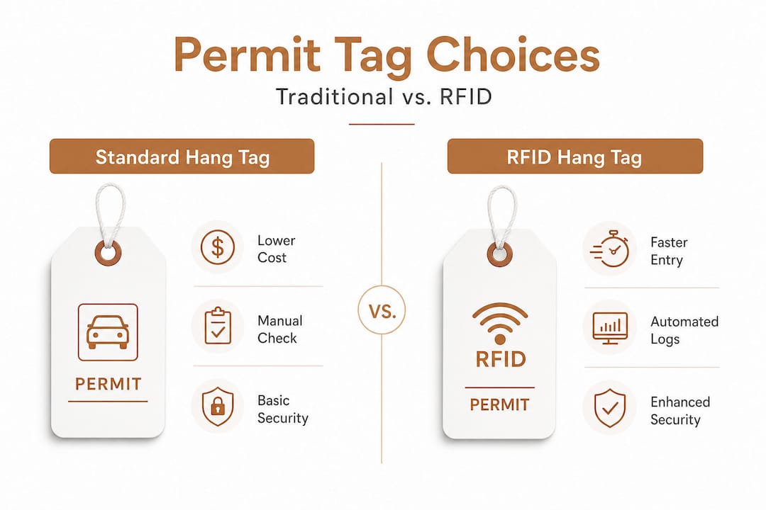 Split infographic comparing standard and RFID hang tags