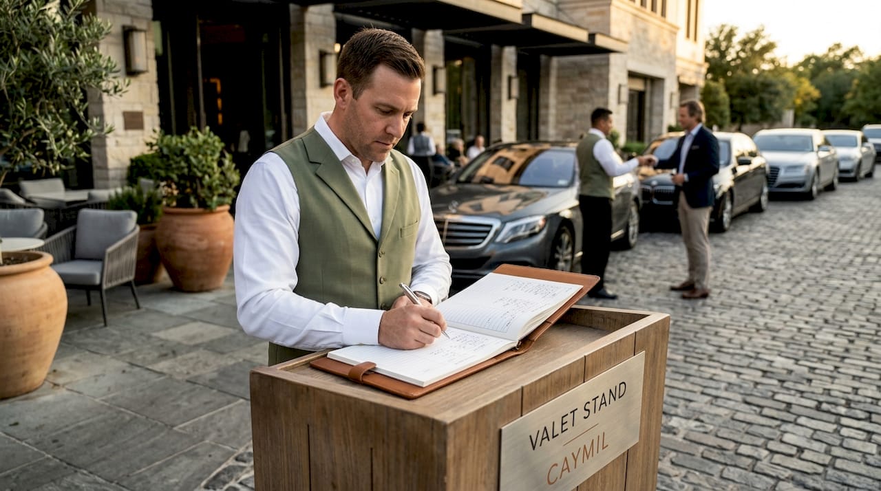 Valet supervisor logging vehicles at hotel entrance