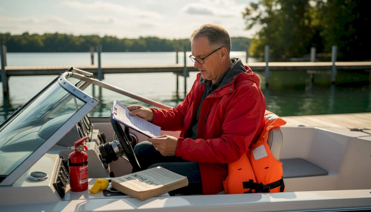 Boater reviewing checklist with visible safety gear
