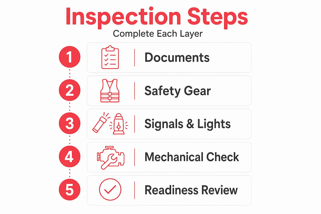 Infographic of five step boat safety inspection process
