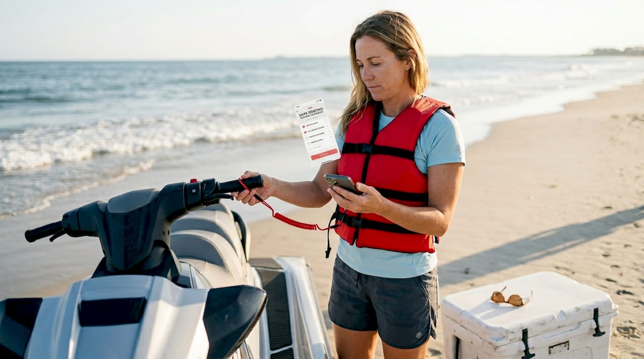 Woman checking PWC safety lanyard outdoors