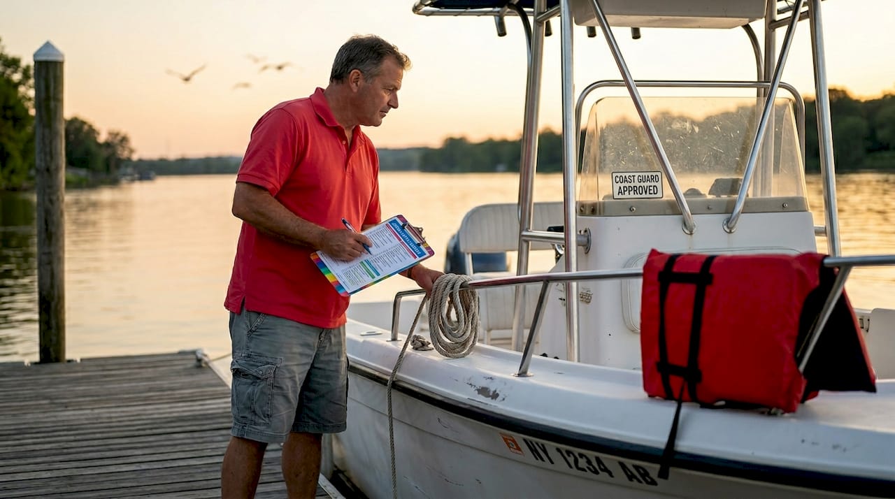 Man inspecting boat at marina dock