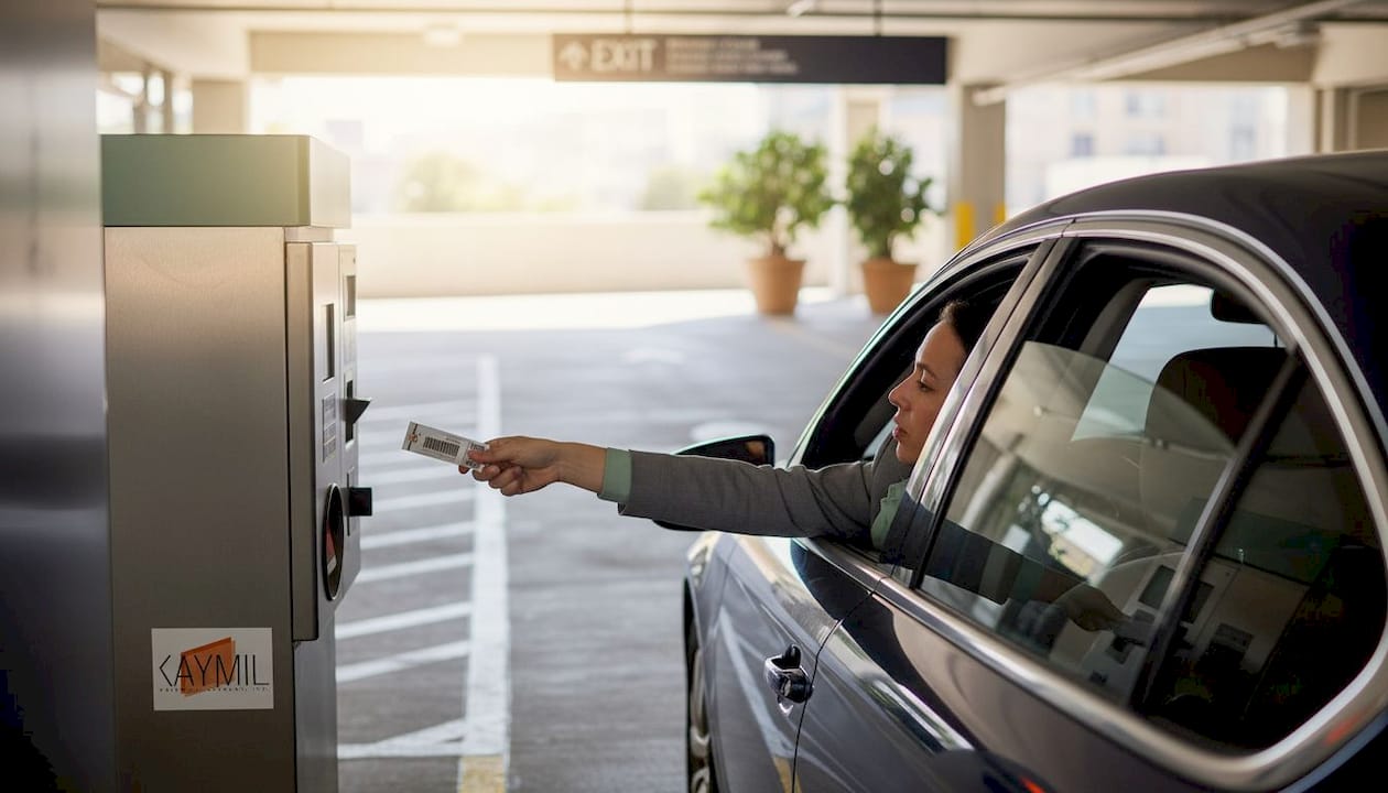 Driver taking barcode ticket at garage entrance