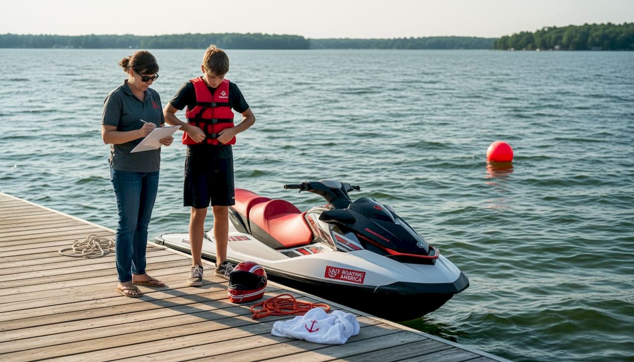 Teen preparing Jet Ski with parent at dock