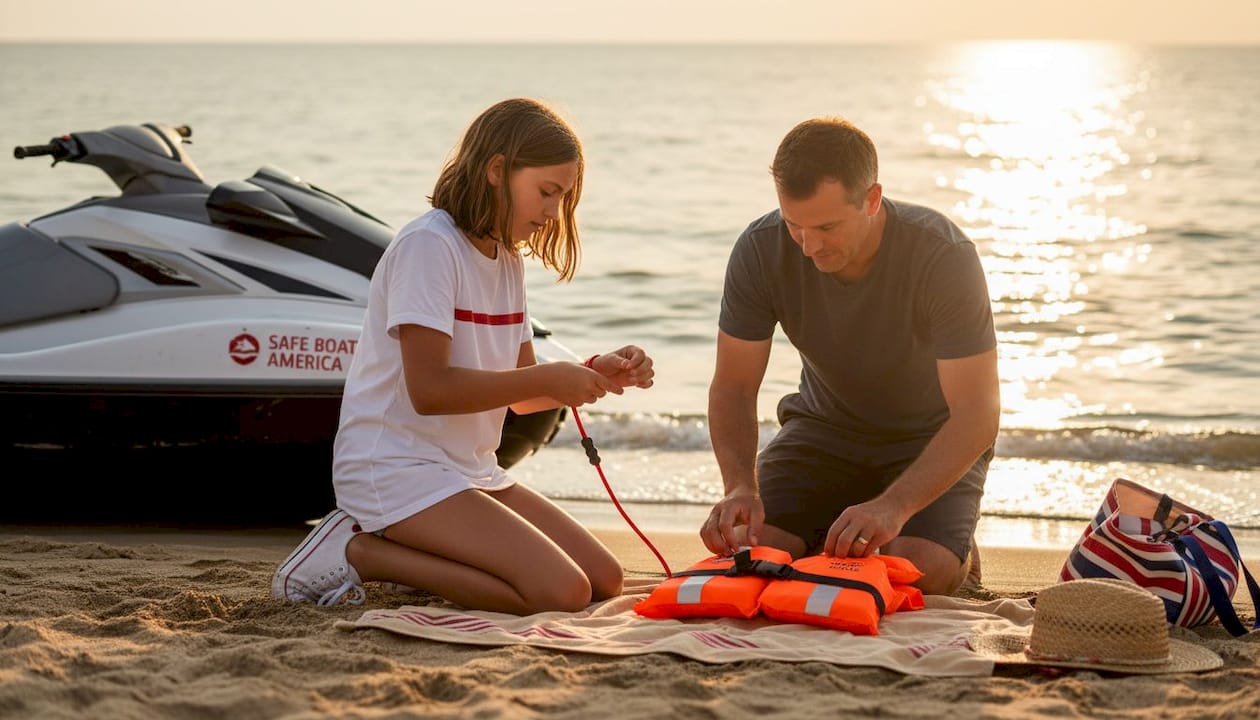 Child prepping Jet Ski safety gear outdoors