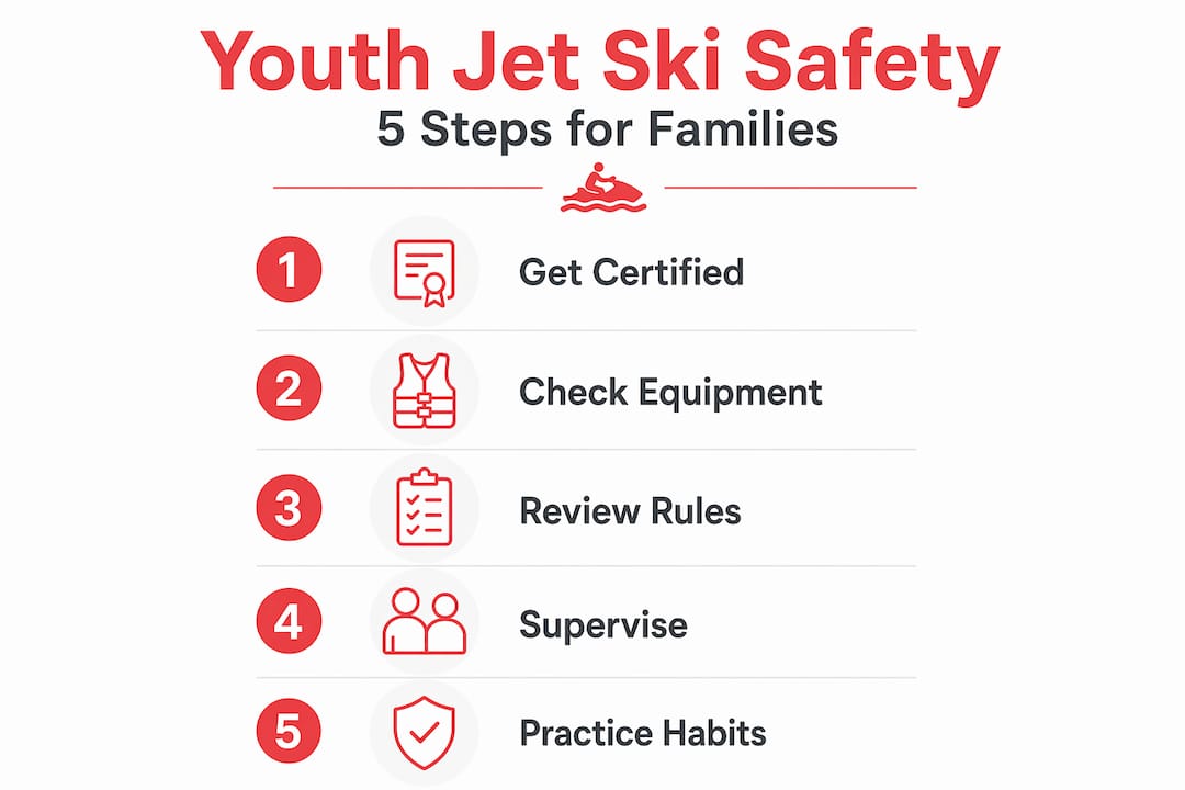 Infographic outlining Jet Ski safety steps for youth