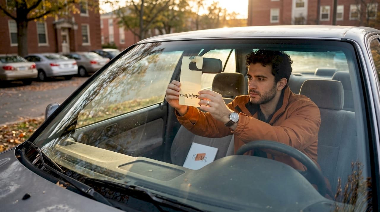 Student placing hangtag permit in car