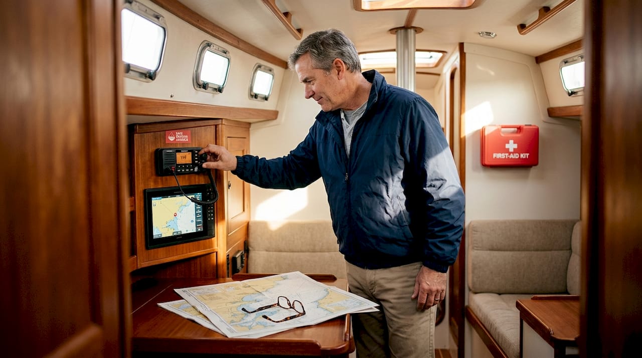 Boater adjusting VHF radio and chartplotter