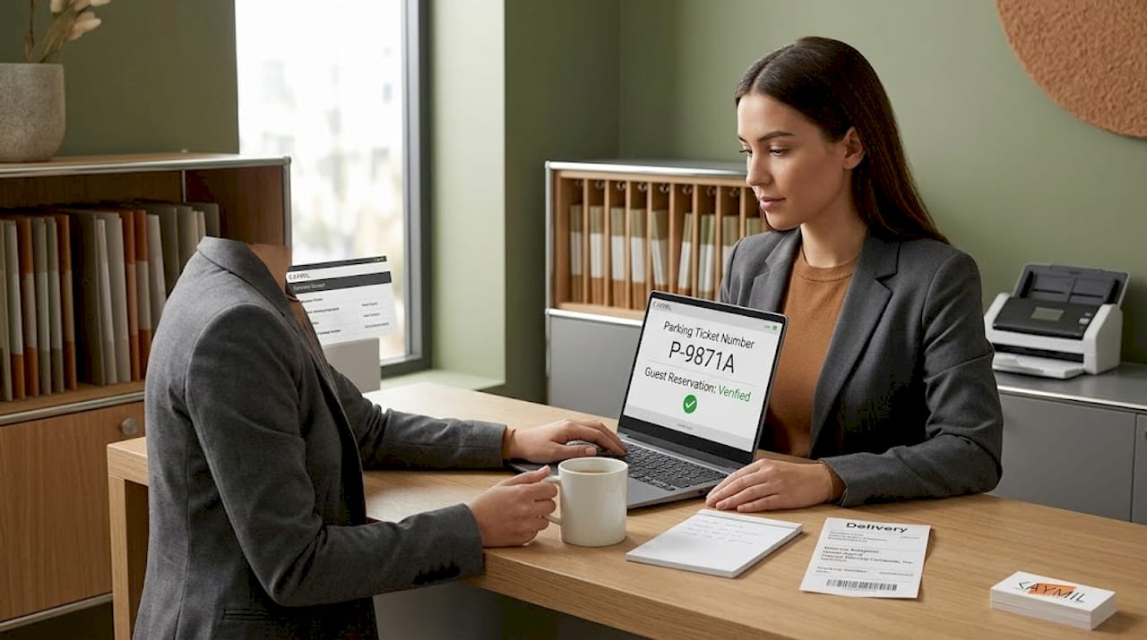 Front desk agent reviews hotel parking integration