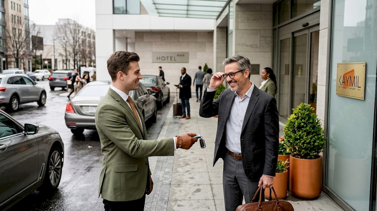 Hotel valet hands keys to guest at entrance