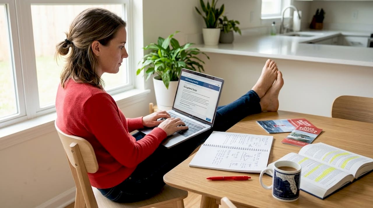 Woman taking online boating course on tablet