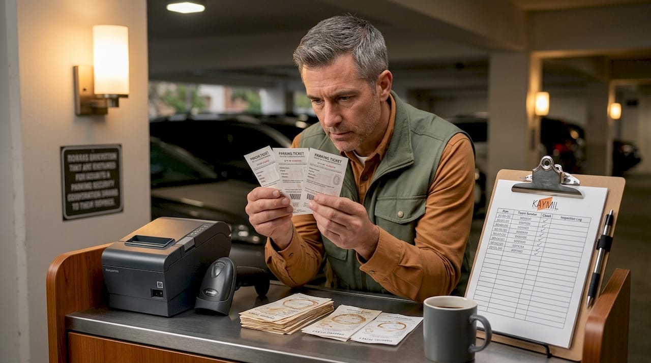Supervisor inspecting parking ticket authenticity