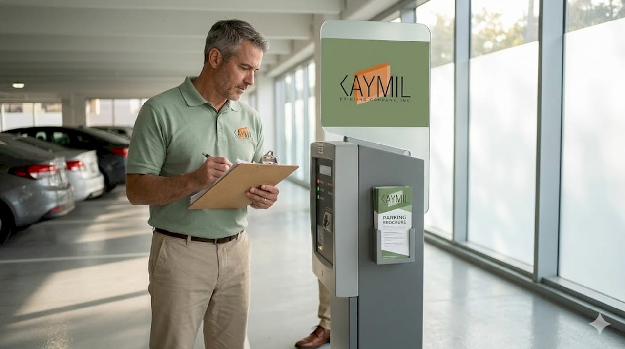 Manager inspecting parking ticket dispenser