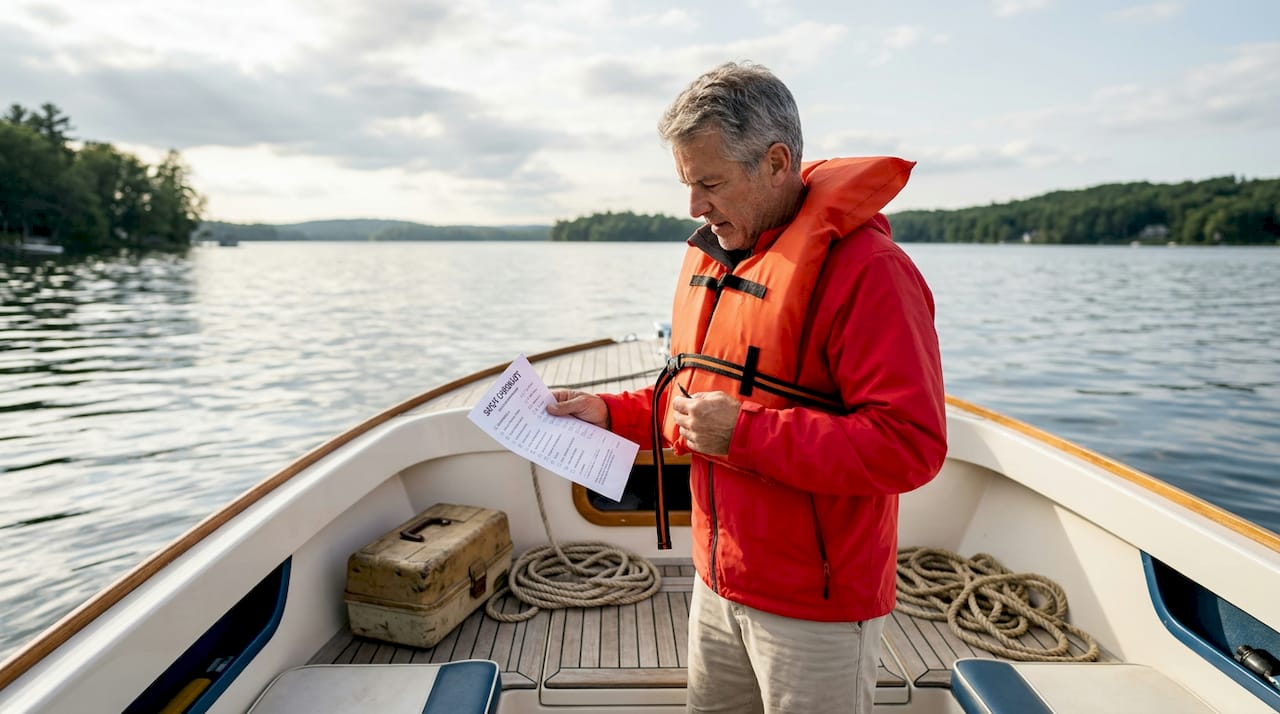 Boater checking safety gear on deck