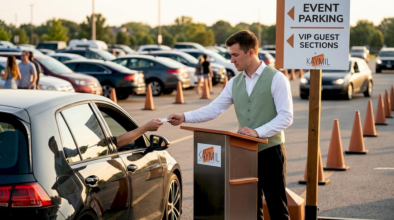 Parking attendant hands event ticket to driver